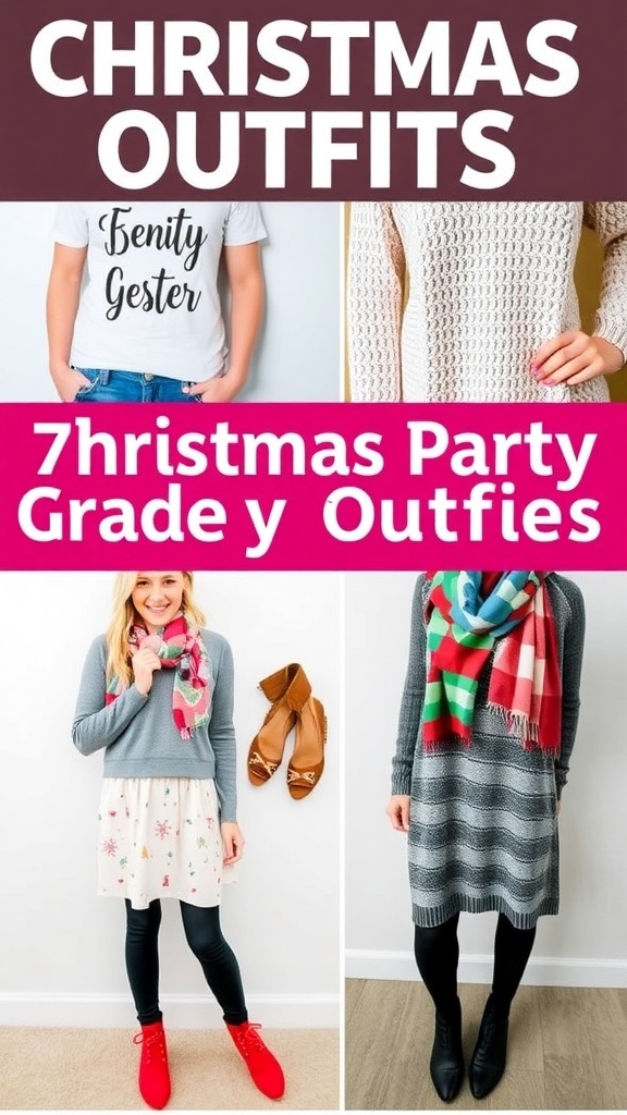 A collection of stylish Christmas party outfits for 7th graders, including casual and semi-formal options.